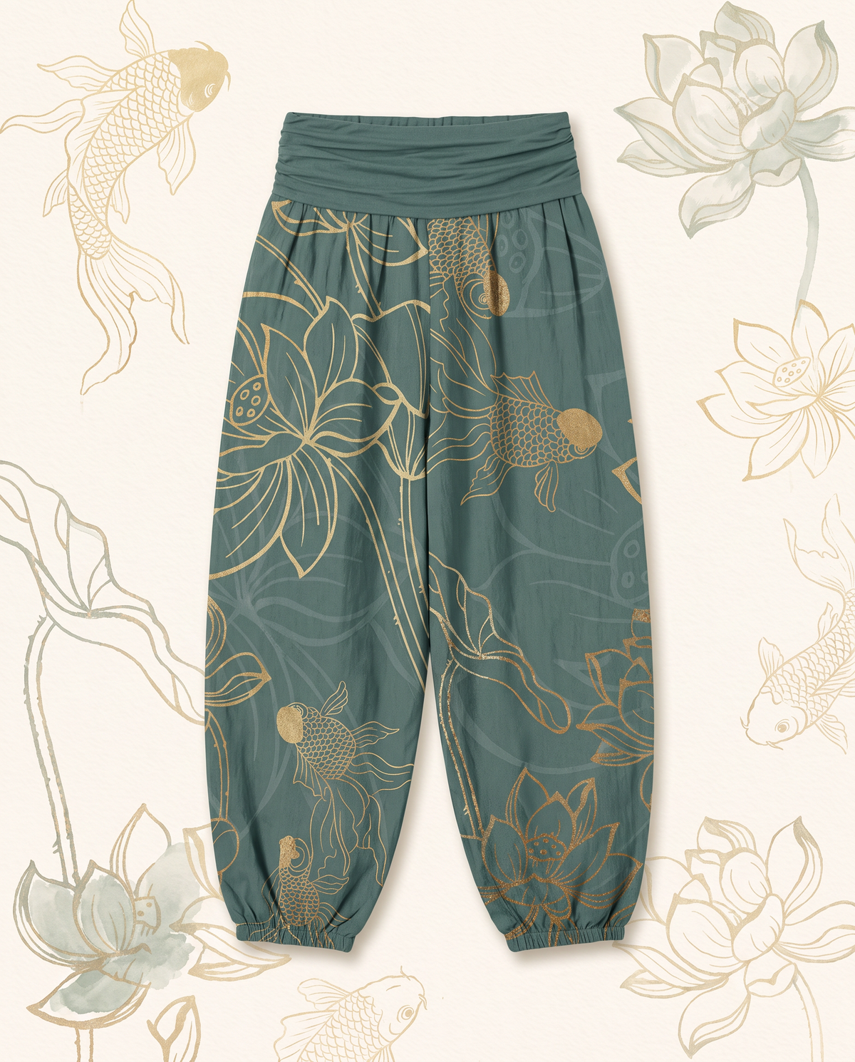 Koi & Lotus Cotton Harem Pants — flat-lay view