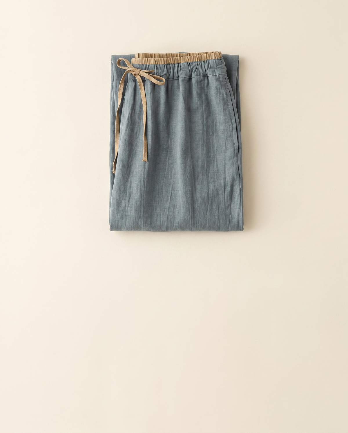 Cotton-Linen Drawstring Pants with Pockets in Cadet Blue, folded view