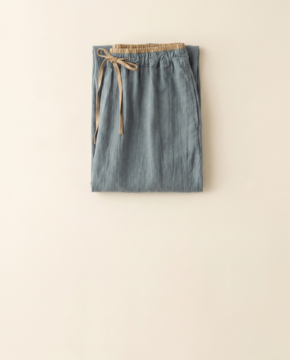 Cotton-Linen Drawstring Pants with Pockets in Cadet Blue, folded view