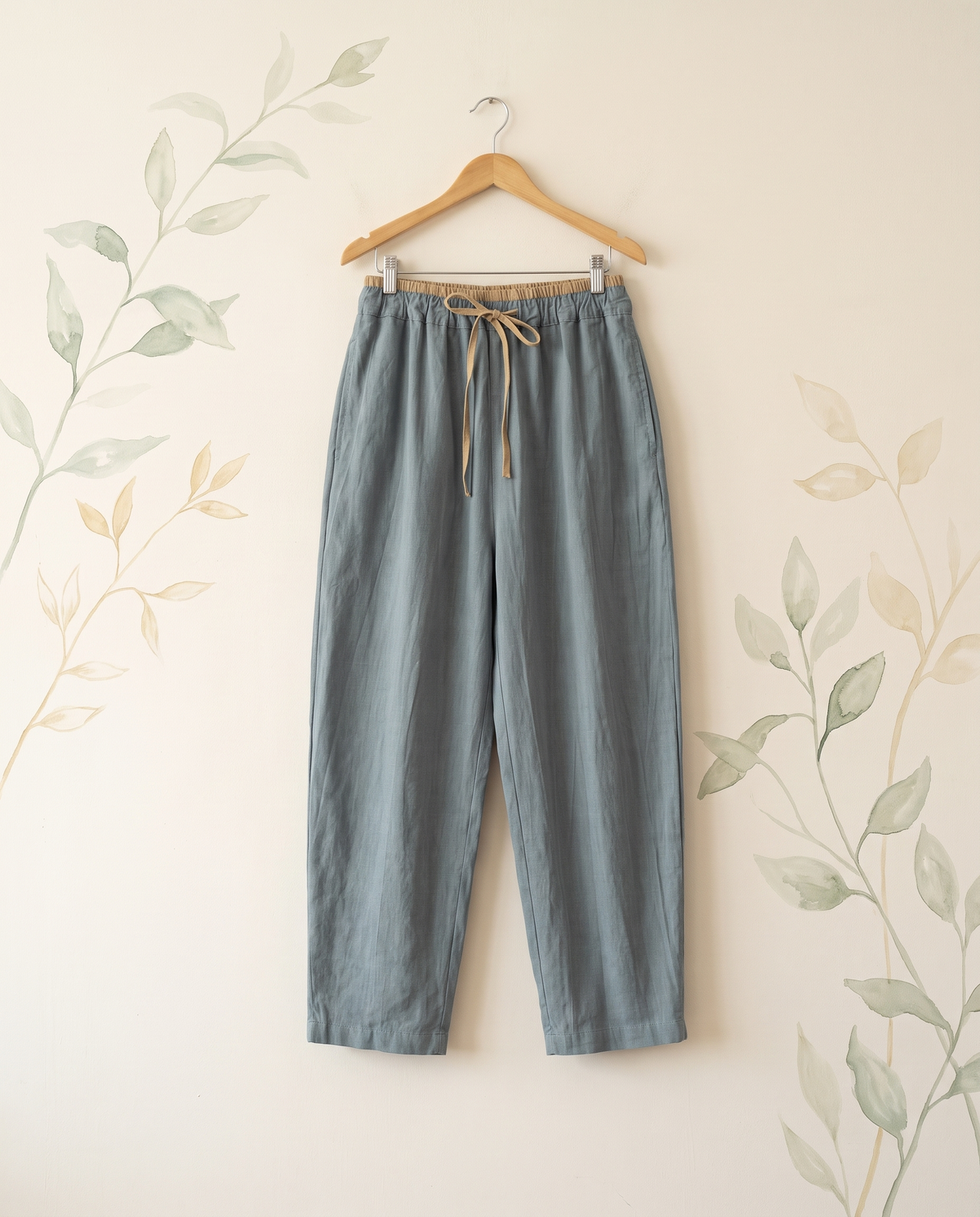 Cotton-Linen Drawstring Pants with Pockets in Cadet Blue, hanging view