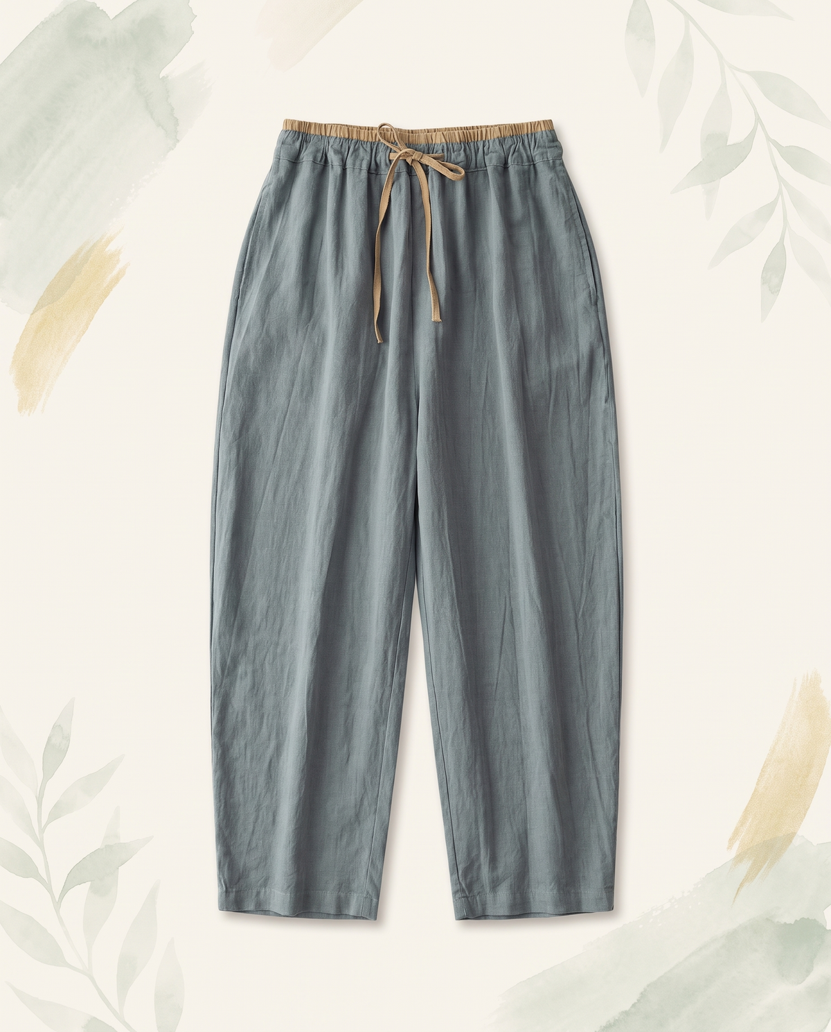 Cotton-Linen Drawstring Pants with Pockets in Cadet Blue, flat-lay view