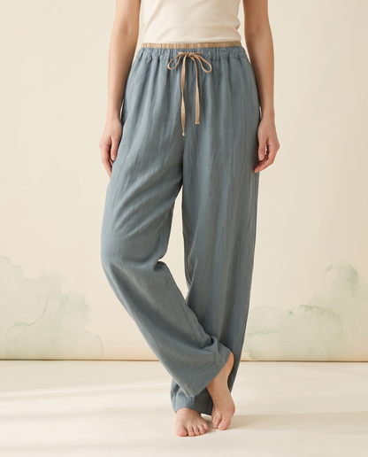 Cotton-Linen Drawstring Pants with Pockets in Cadet Blue, worn by a model