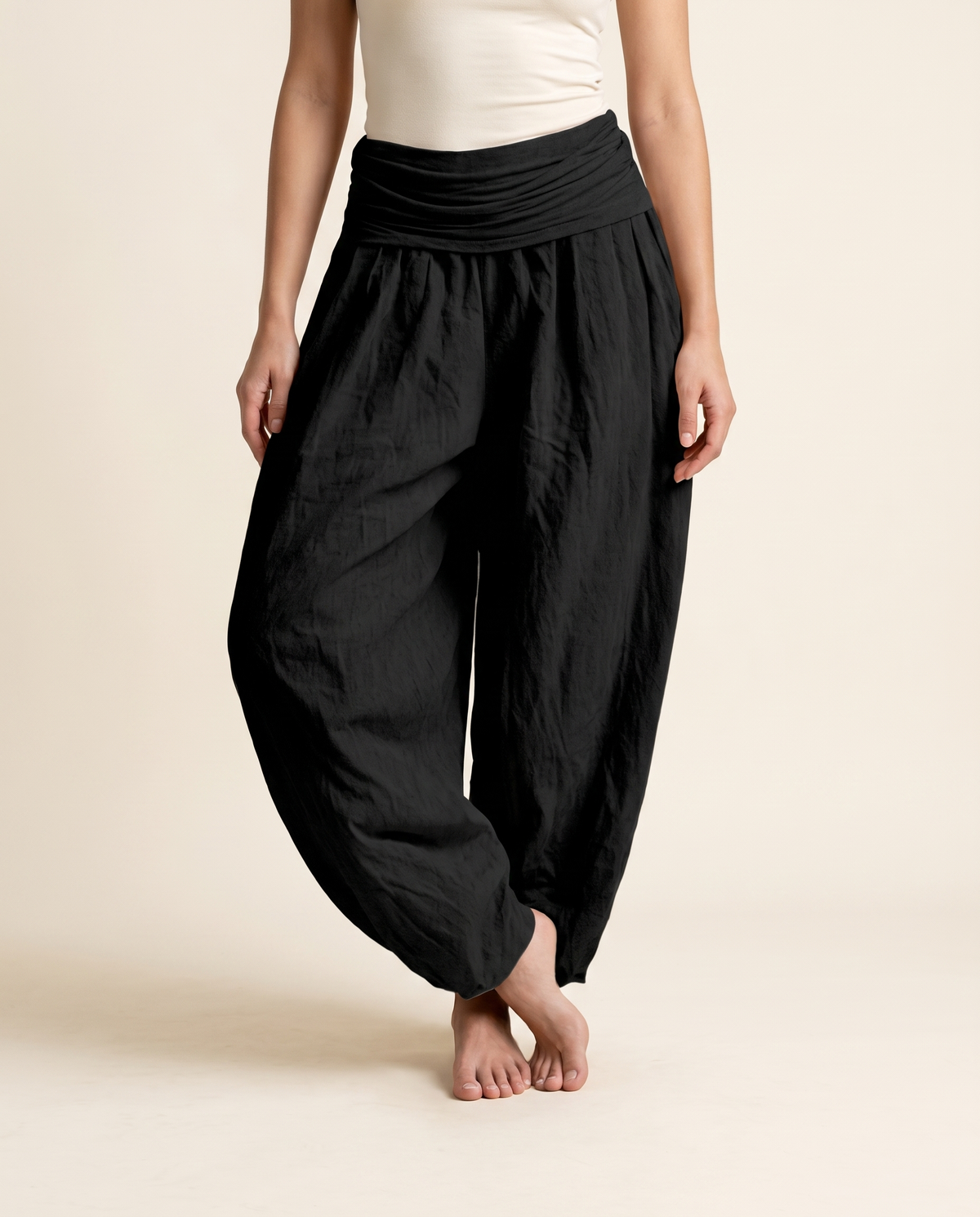 Plain Cotton Harem Pants — worn by a model