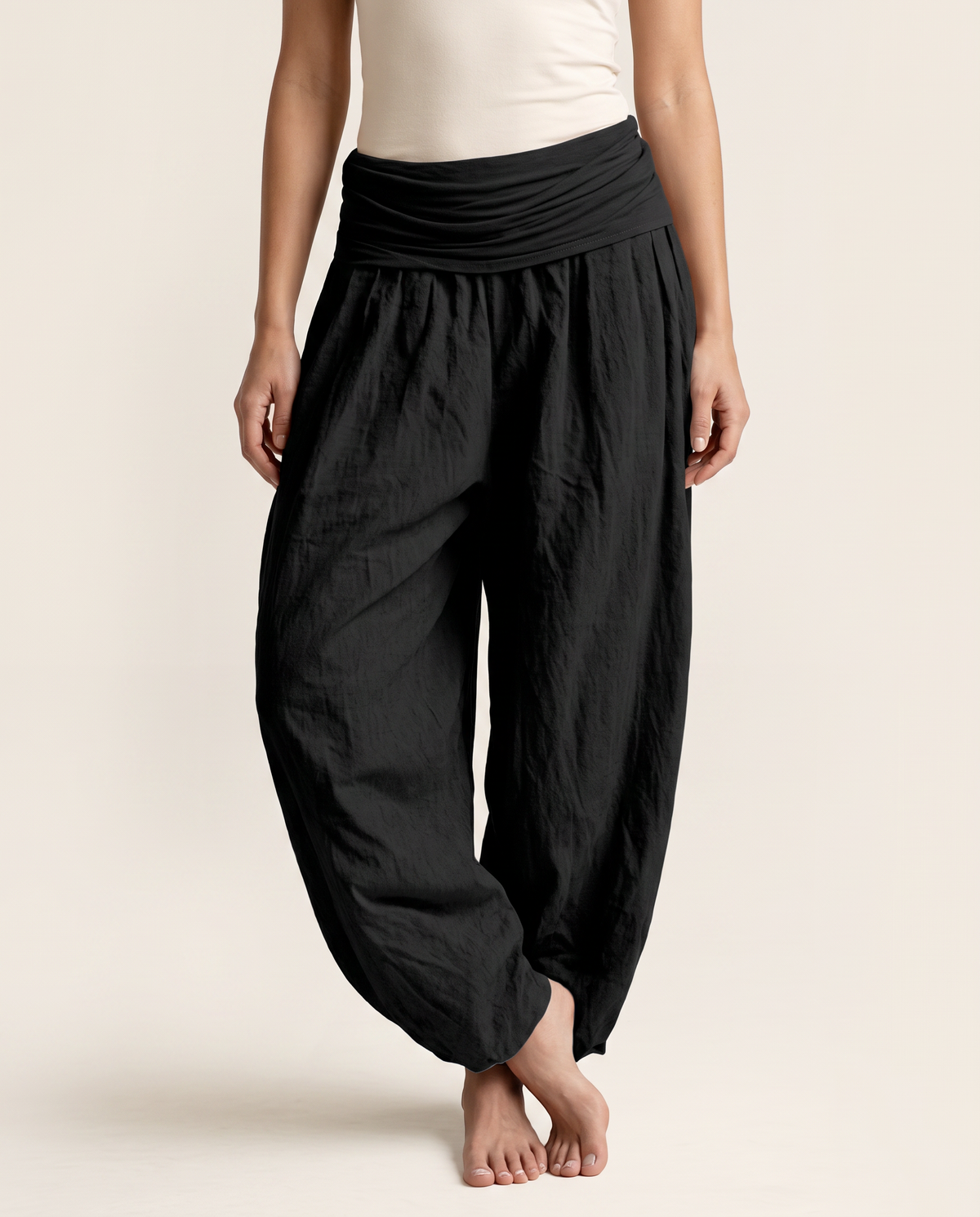 Plain Cotton Harem Pants — worn by a model