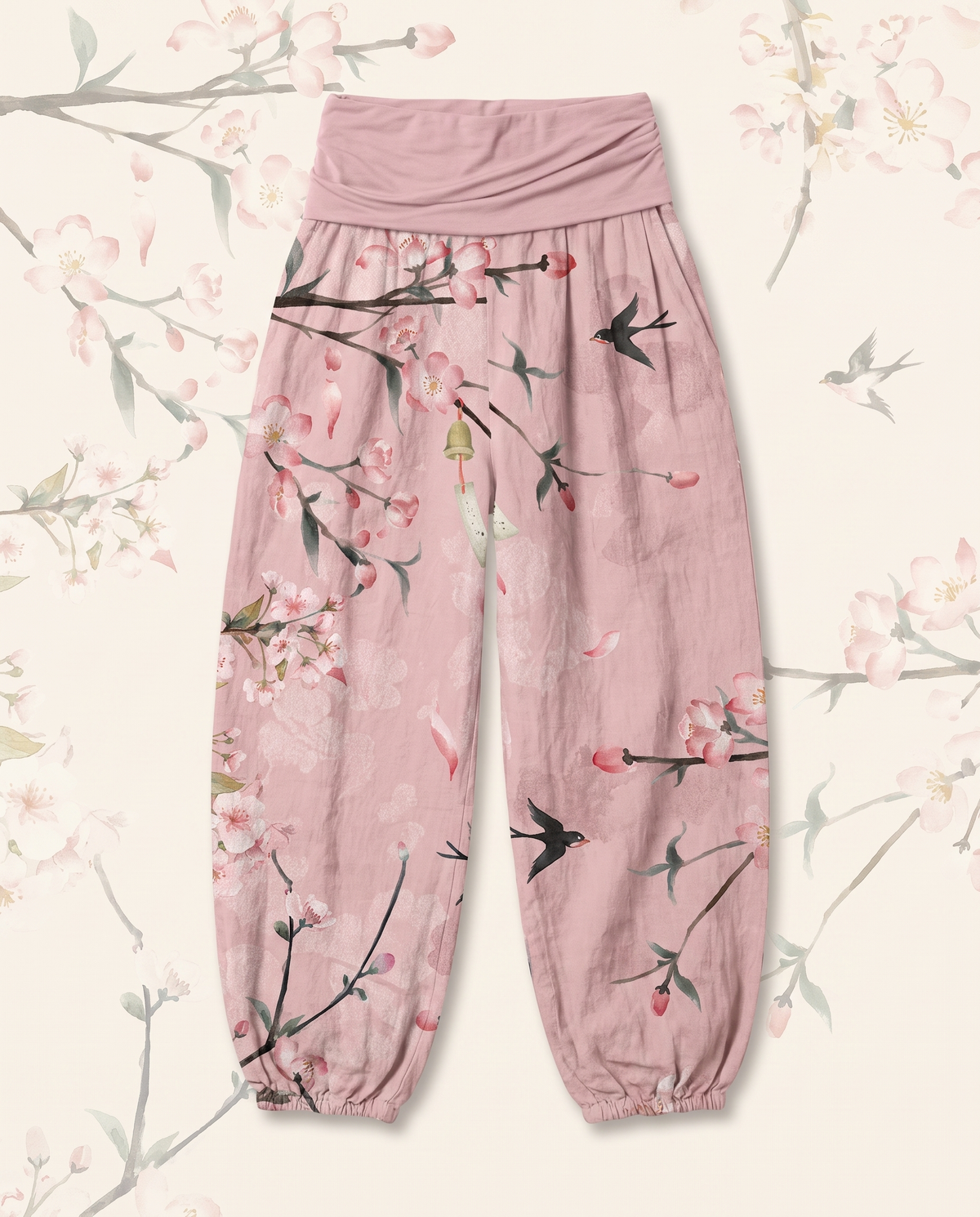 Peach Blossom Cotton Harem Pants — flat-lay view
