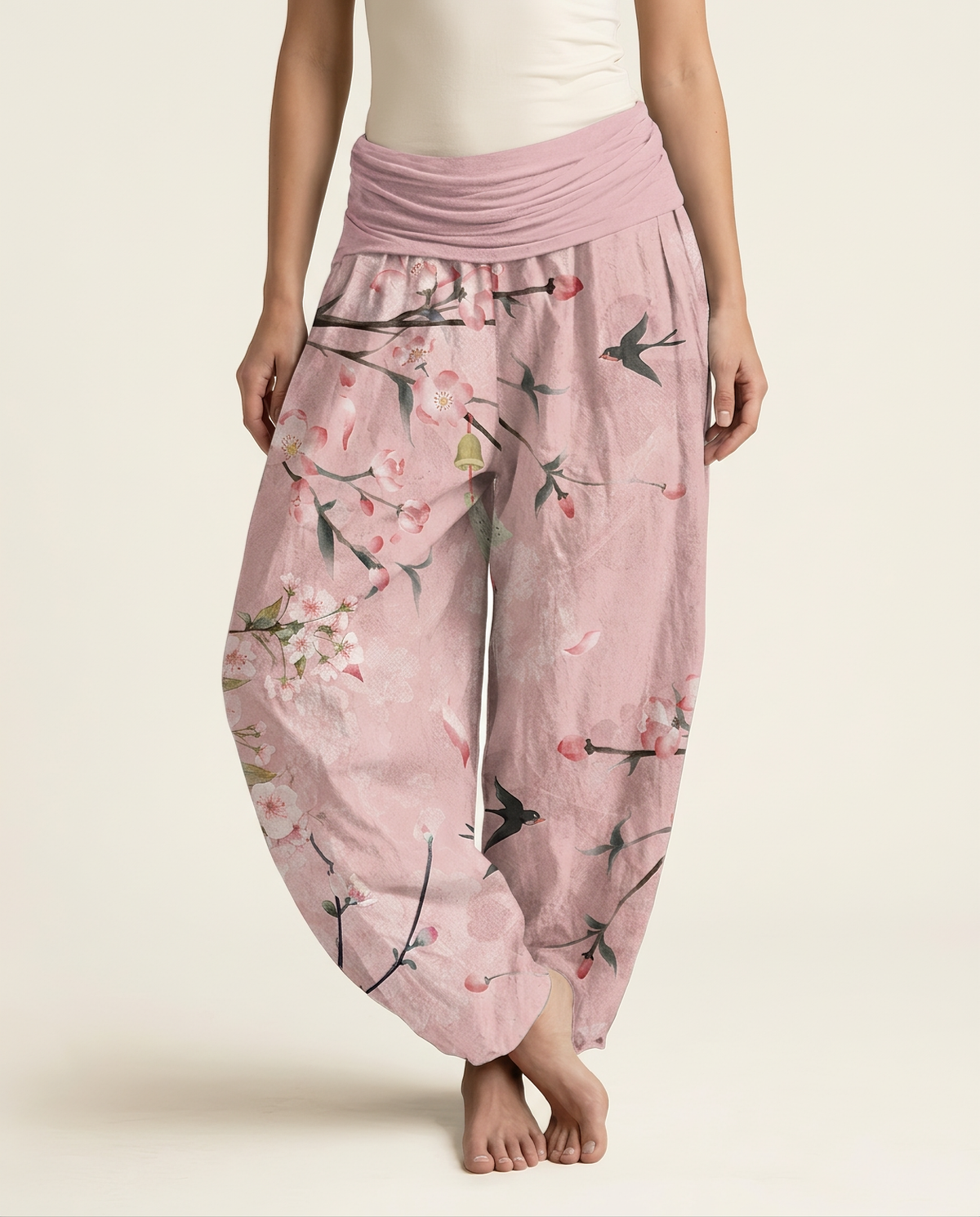 Peach Blossom Cotton Harem Pants — worn by a model