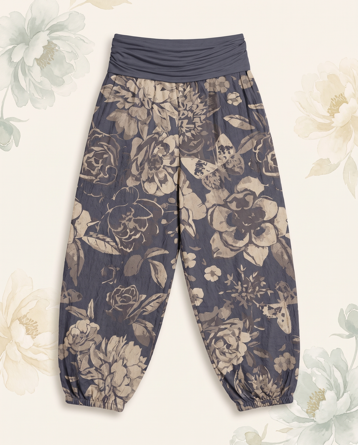 Peony Cotton Harem Pants — flat-lay view