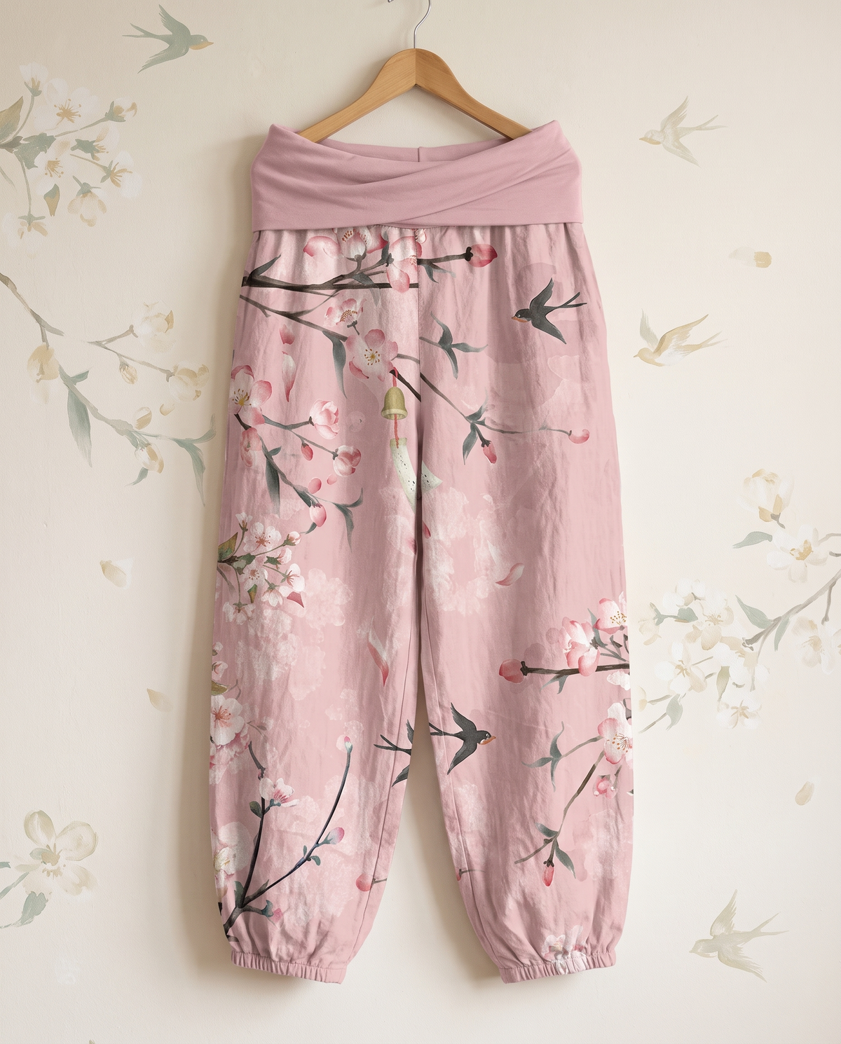 Peach Blossom Cotton Harem Pants — hanging view