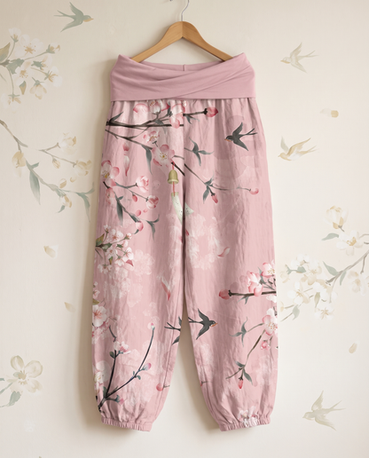 Peach Blossom Cotton Harem Pants — hanging view