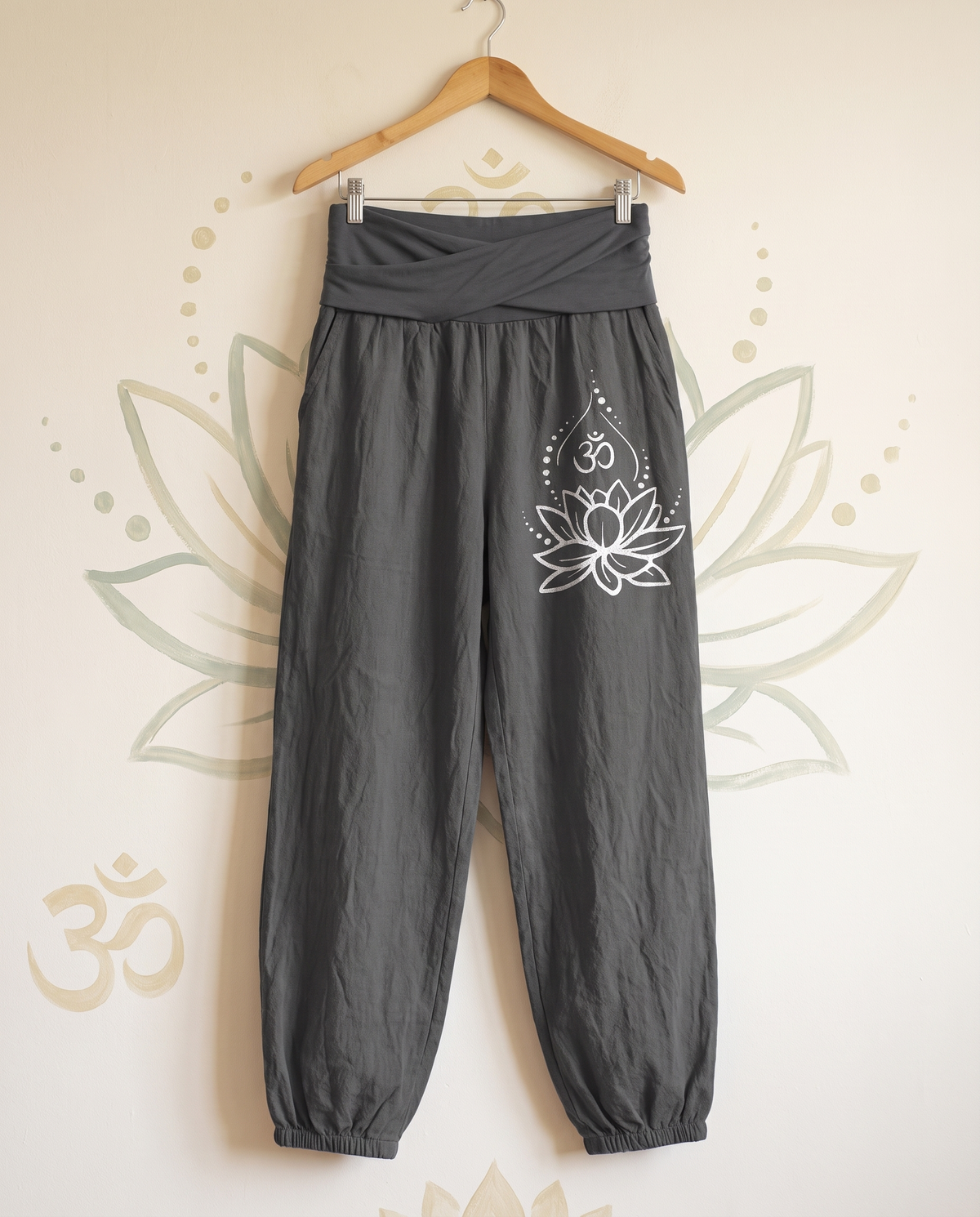 Lotus & Om Cotton Harem Pants — hanging view
