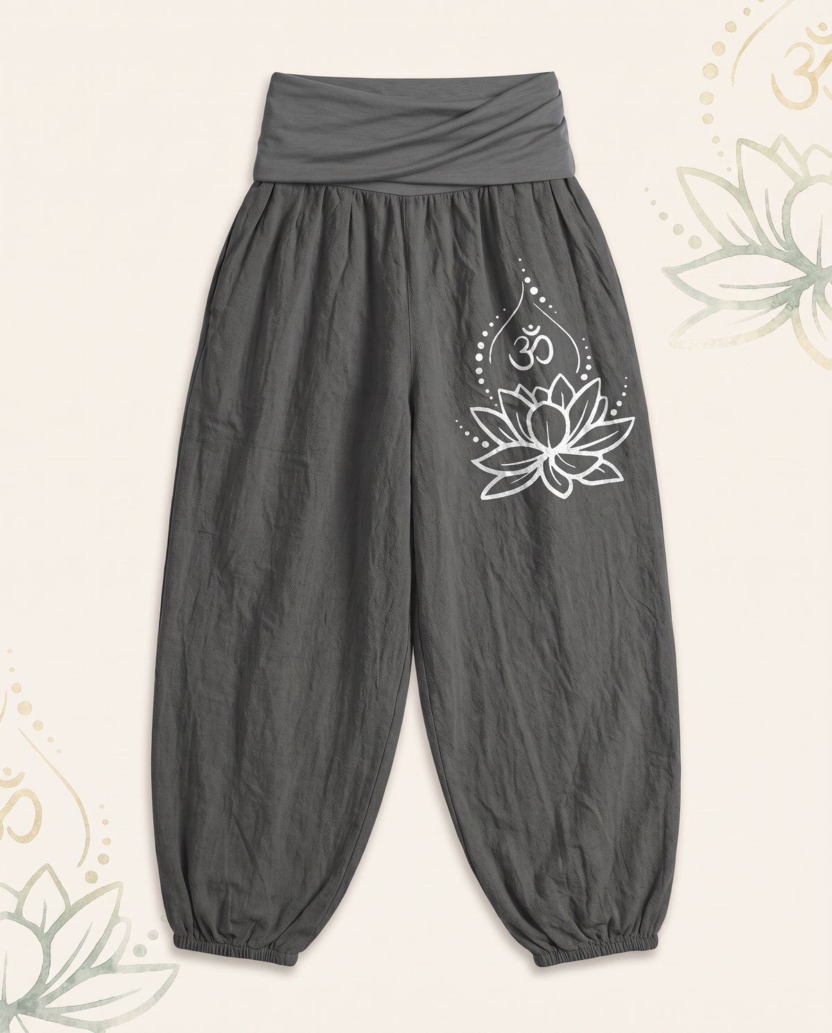 Lotus & Om Cotton Harem Pants — flat-lay view