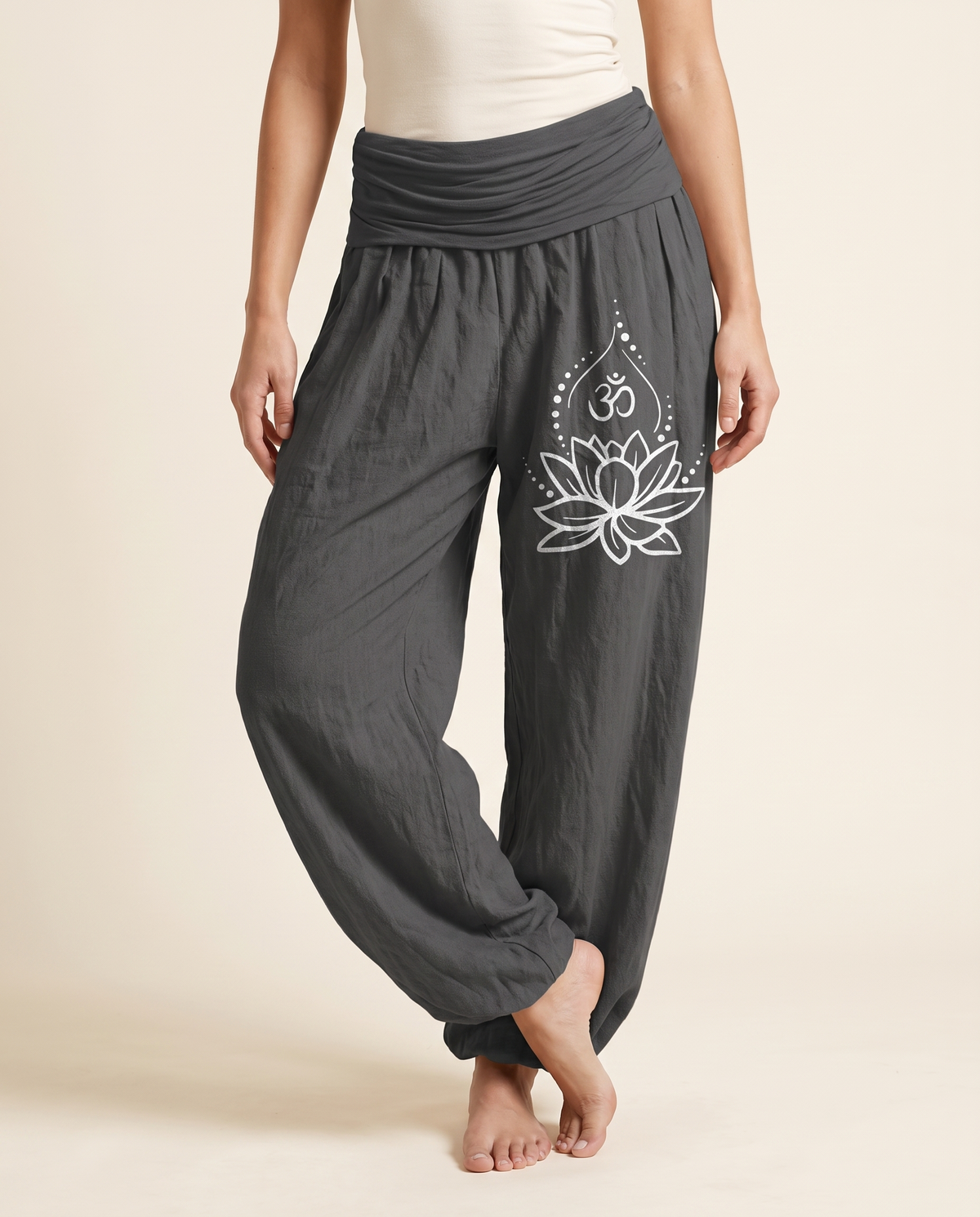 Lotus & Om Cotton Harem Pants — worn by a model