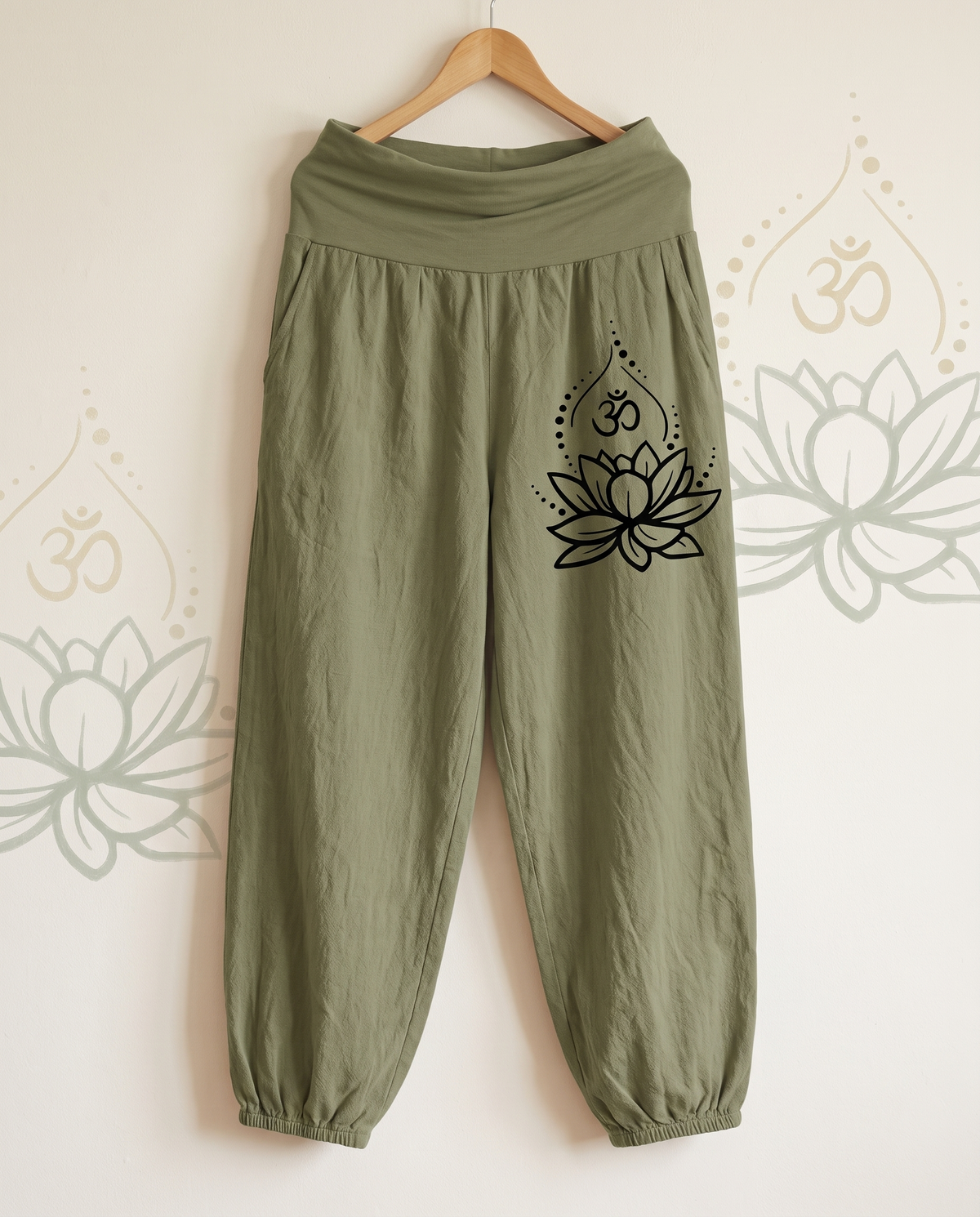 Lotus & Om Cotton Harem Pants — hanging view