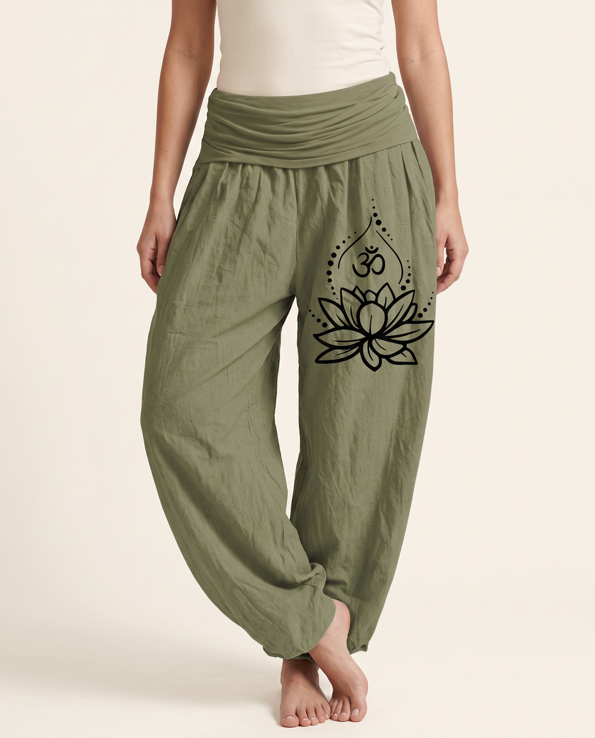 Lotus & Om Cotton Harem Pants — worn by a model