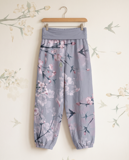 Peach Blossom Cotton Harem Pants — hanging view
