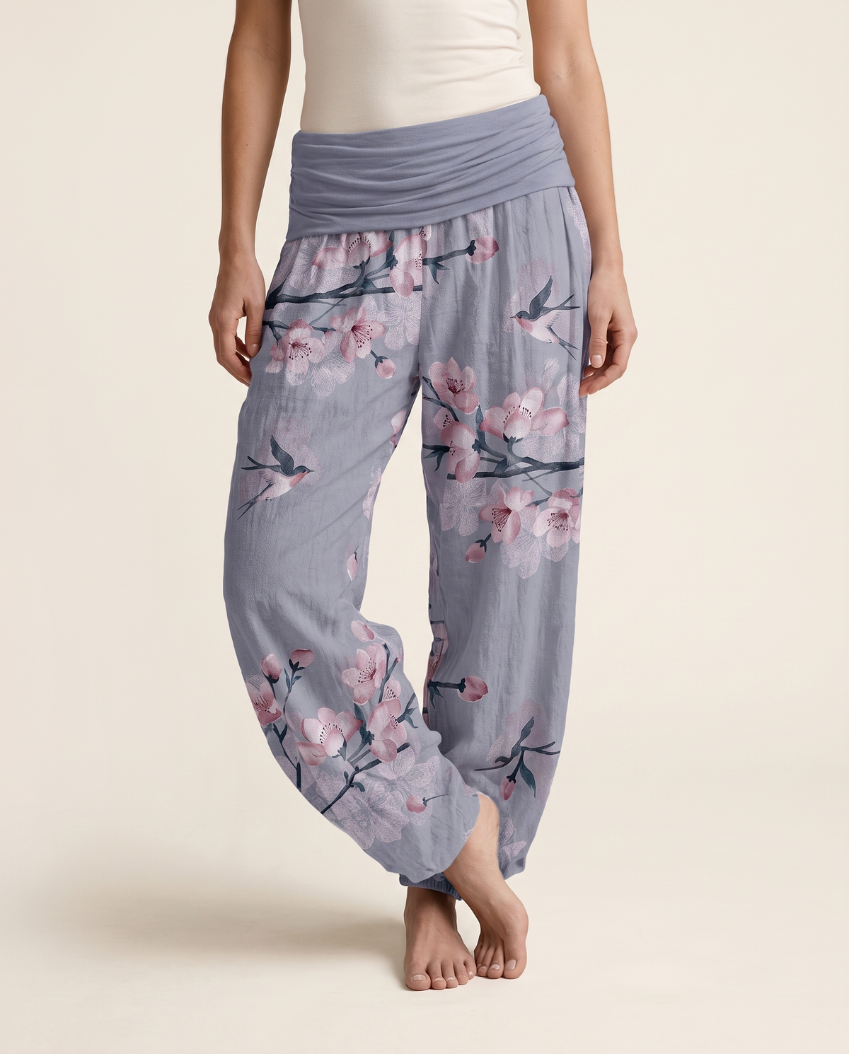 Peach Blossom Cotton Harem Pants — worn by a model