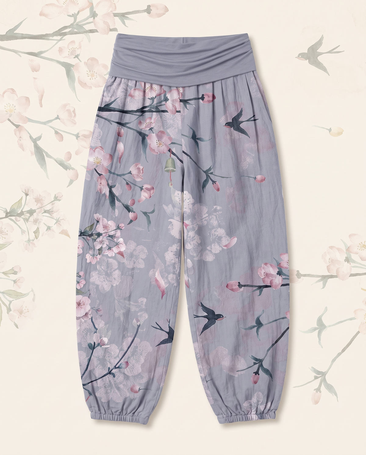 Peach Blossom Cotton Harem Pants — flat-lay view