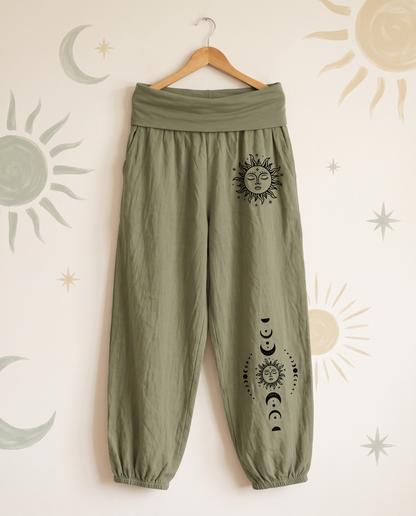 Sun & Moon Cotton Harem Pants — hanging view