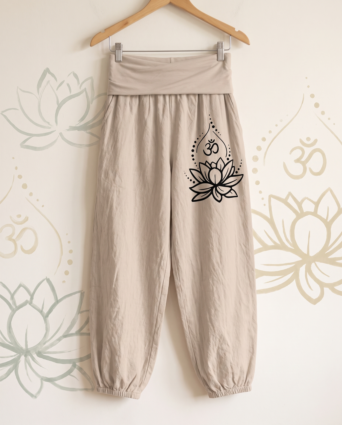 Lotus & Om Cotton Harem Pants — hanging view