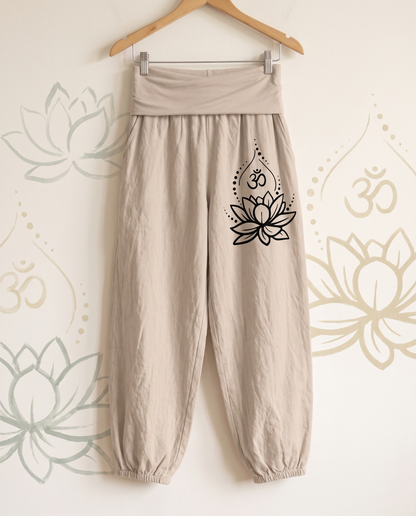 Lotus & Om Cotton Harem Pants — hanging view