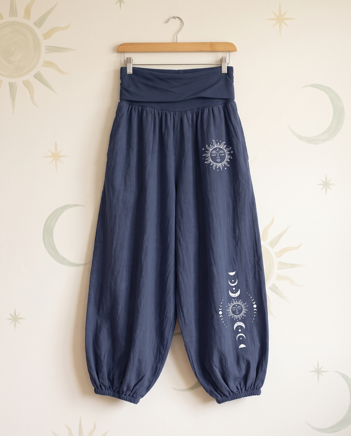 Sun & Moon Cotton Harem Pants — hanging view