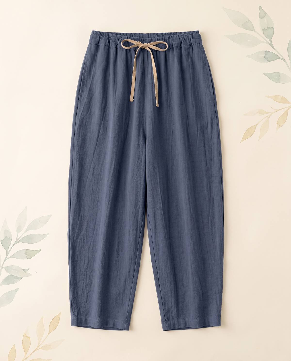 Cotton-Linen Drawstring Pants with Pockets — in steel blue