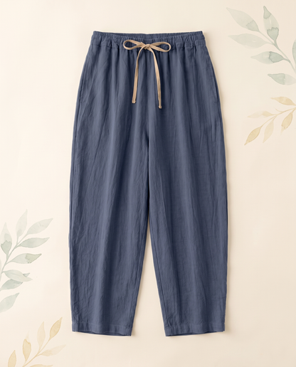 Cotton-Linen Drawstring Pants with Pockets — in steel blue
