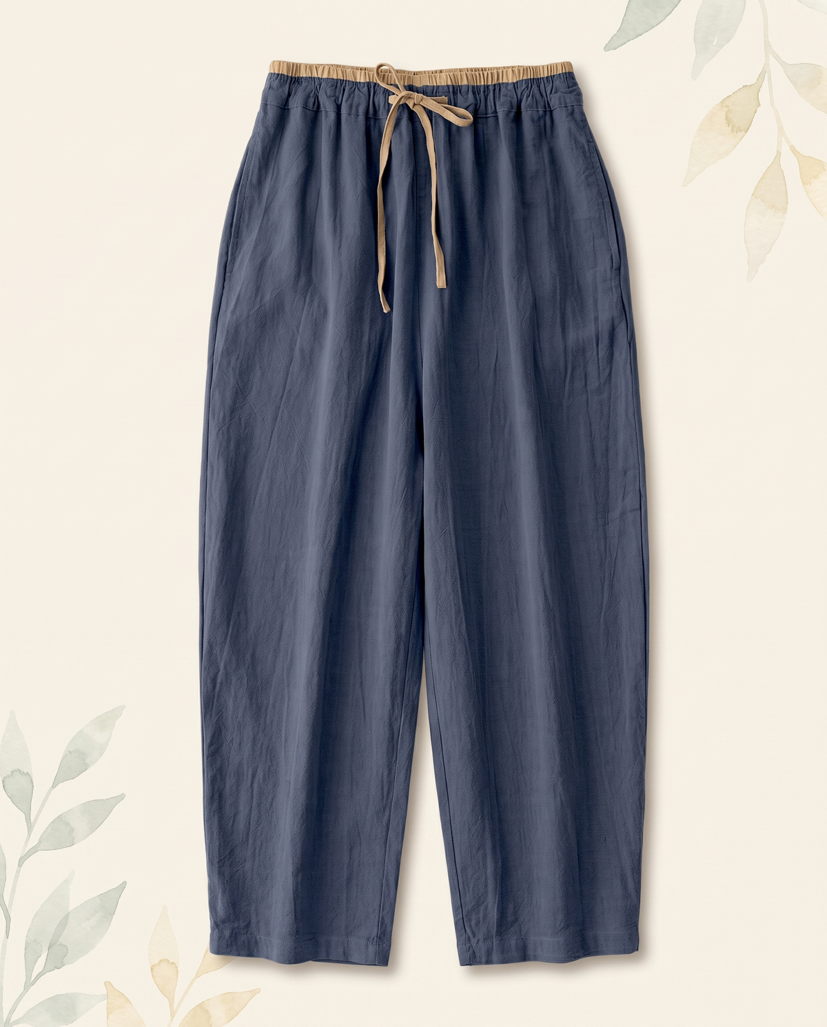 Cotton-Linen Drawstring Pants with Pockets — in steel blue