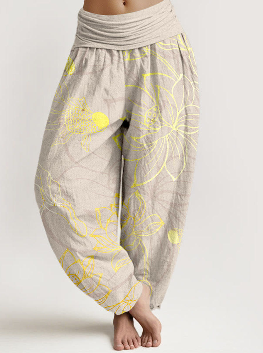 Koi & Lotus Cotton Harem Pants — front model view