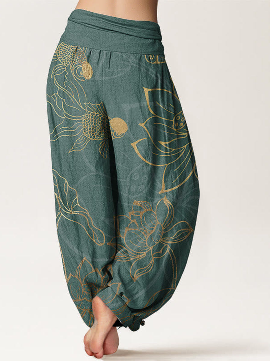 Koi & Lotus Cotton Harem Pants — back model view
