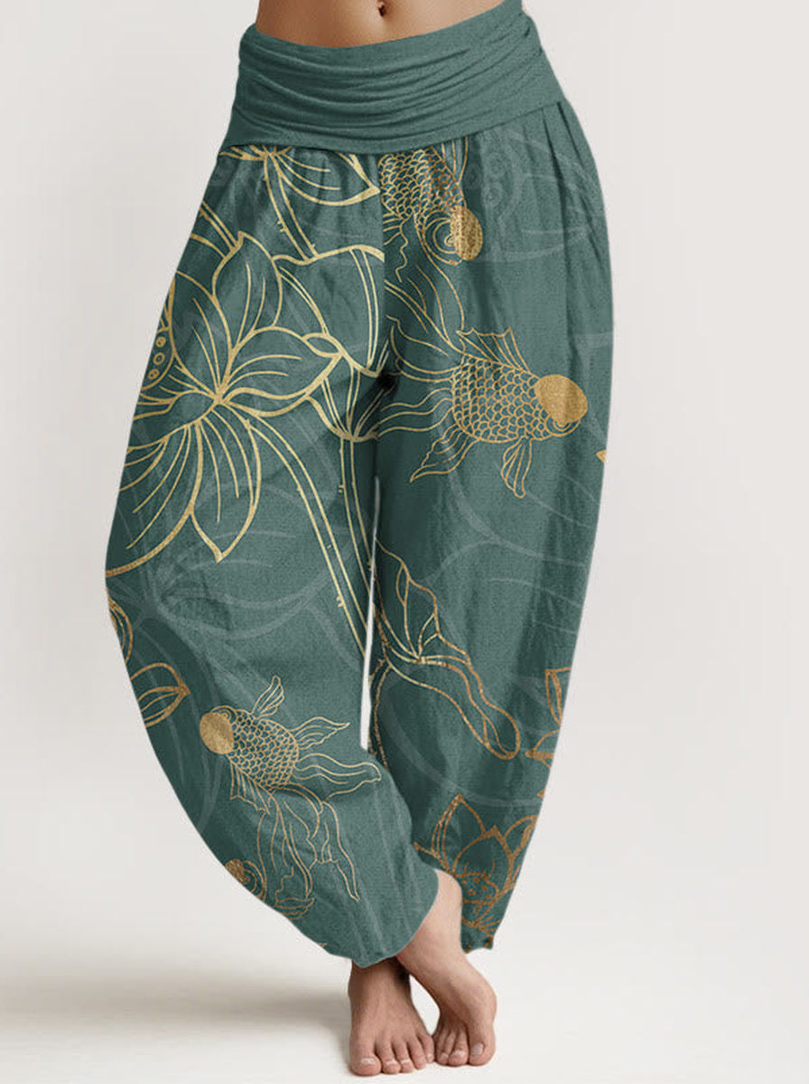 Koi & Lotus Cotton Harem Pants — front model view