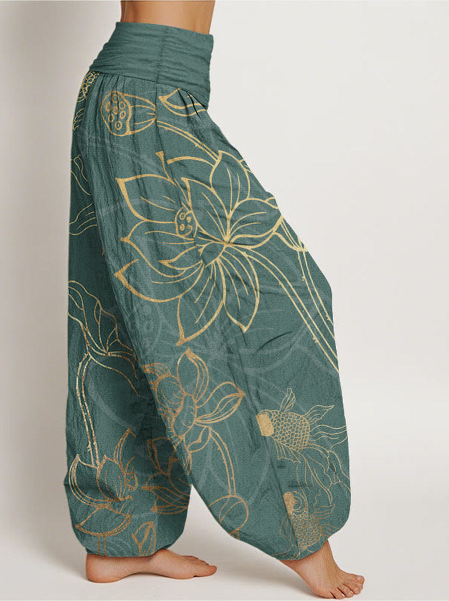 Koi & Lotus Cotton Harem Pants — side model view