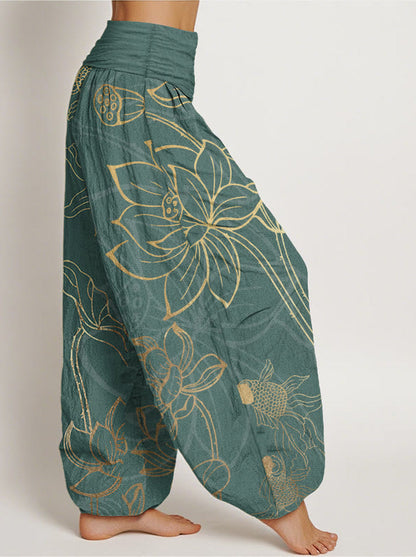 Koi & Lotus Cotton Harem Pants — side model view