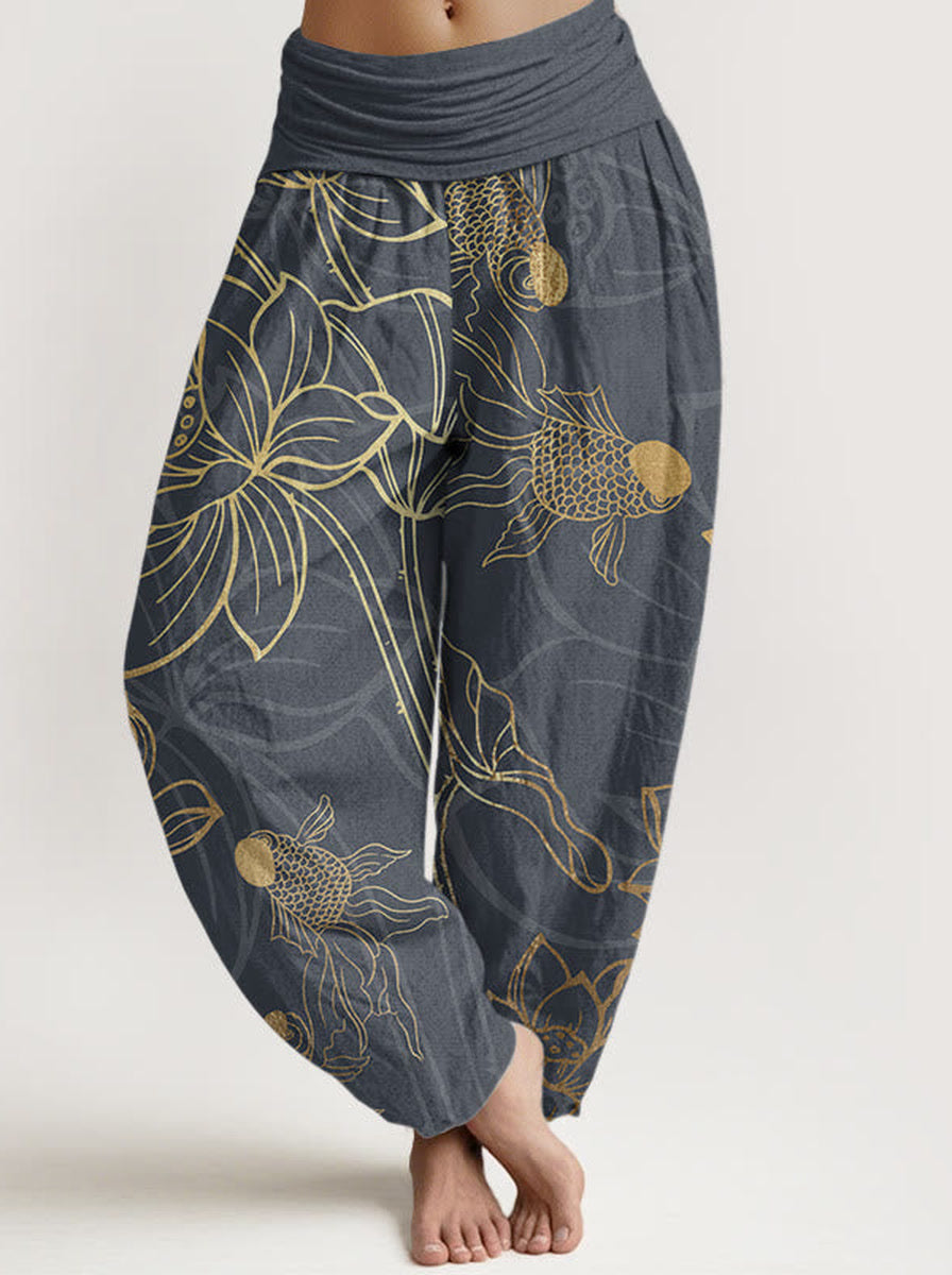 Koi & Lotus Cotton Harem Pants — front model view