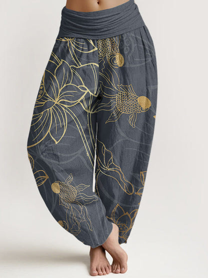 Koi & Lotus Cotton Harem Pants — front model view