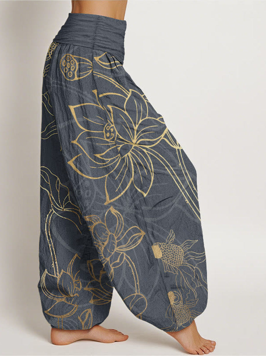 Koi & Lotus Cotton Harem Pants — side model view