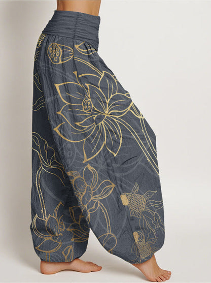Koi & Lotus Cotton Harem Pants — side model view