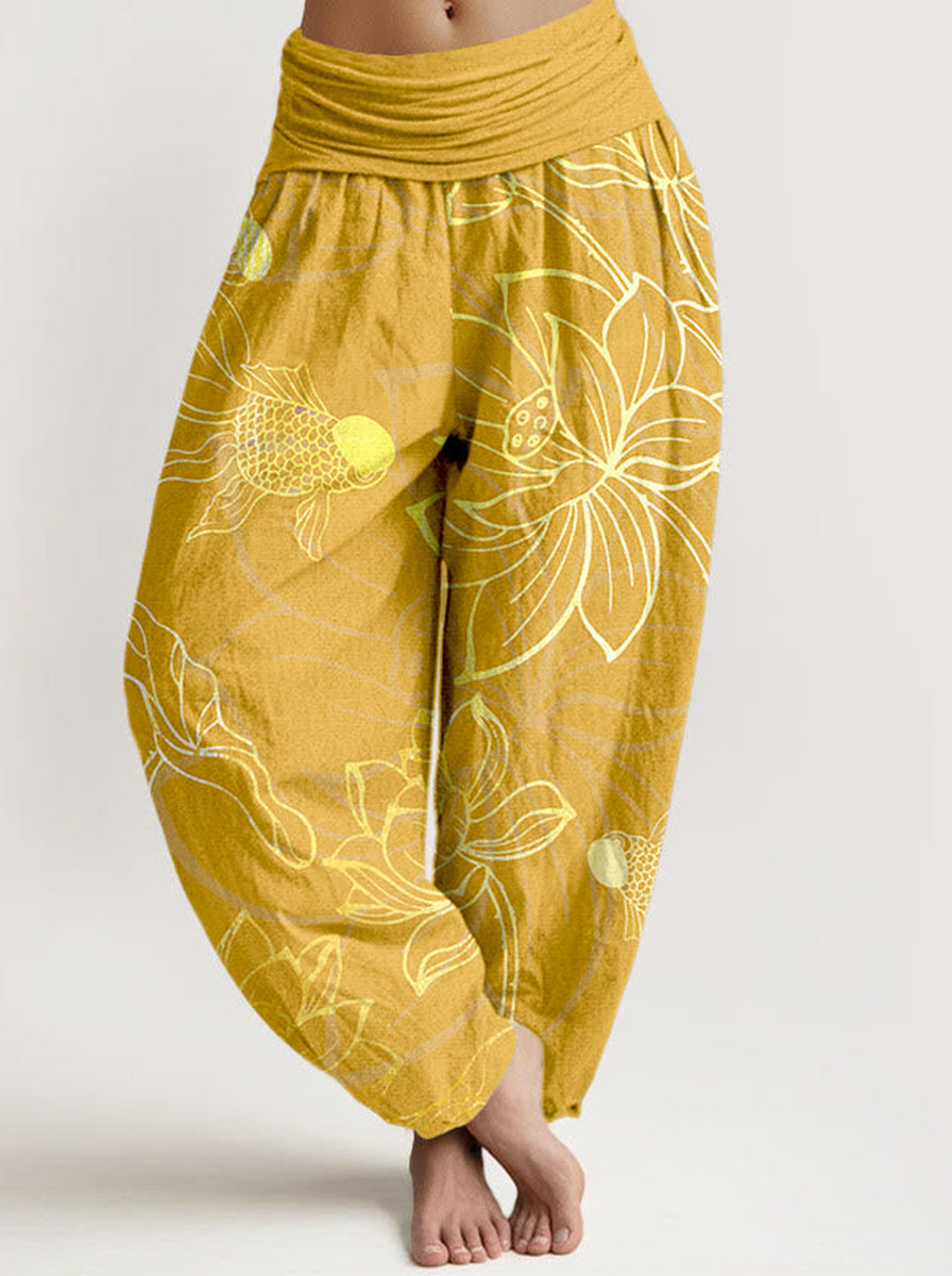 Koi & Lotus Cotton Harem Pants — front model view