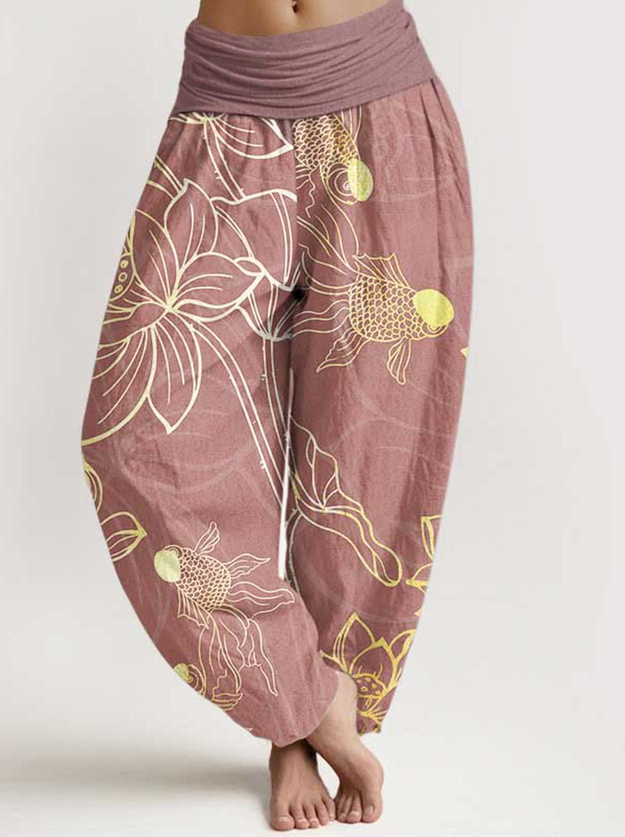 Koi & Lotus Cotton Harem Pants — front model view
