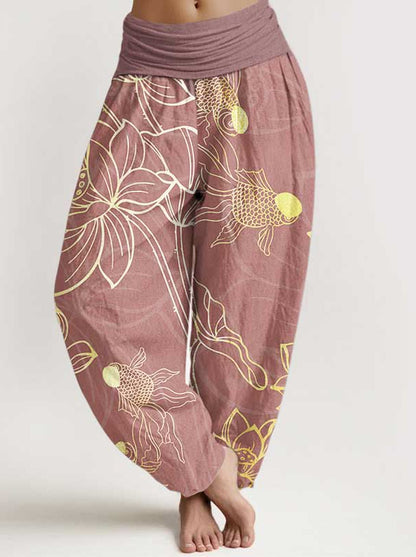Koi & Lotus Cotton Harem Pants — front model view