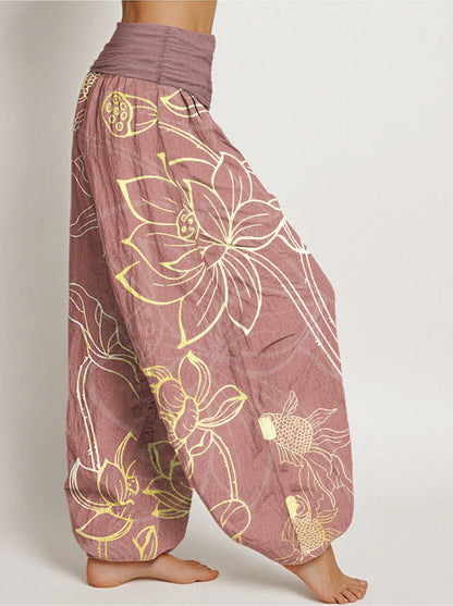 Koi & Lotus Cotton Harem Pants — side model view