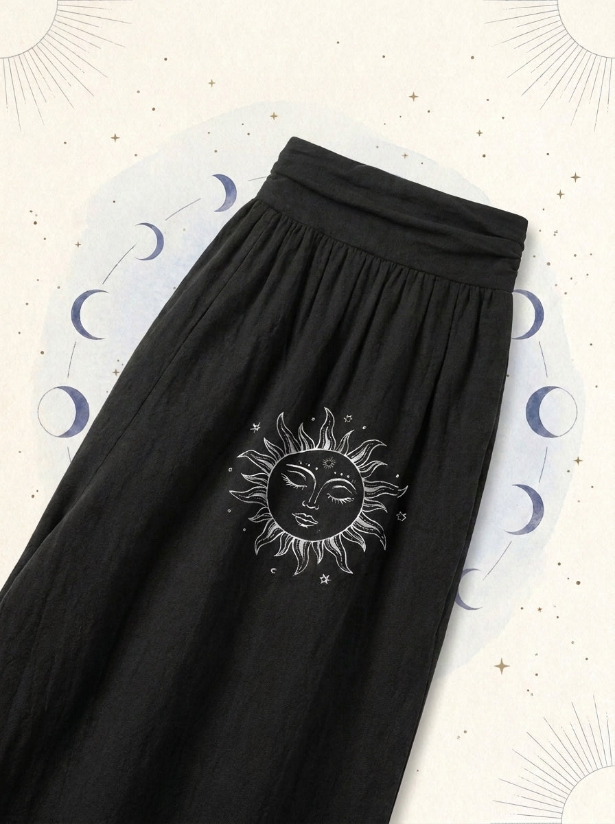 Sun & Moon Cotton Harem Pants — waistband and pattern detail