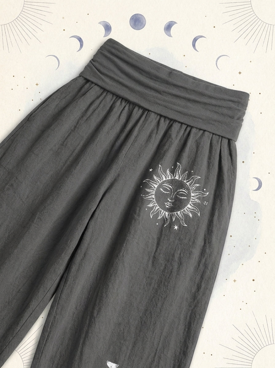 Sun & Moon Cotton Harem Pants — waistband and pattern detail