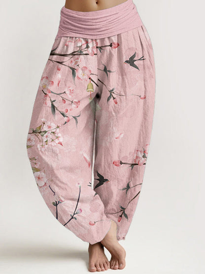 Peach Blossom Cotton Harem Pants — front model view