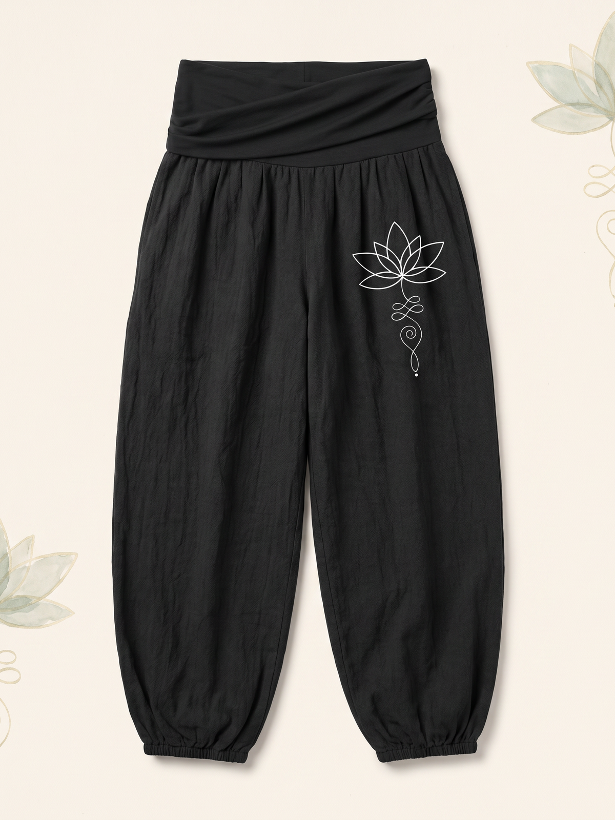 Lotus Unalome Cotton Harem Pants — flat-lay view