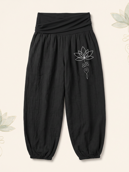 Lotus Unalome Cotton Harem Pants — flat-lay view