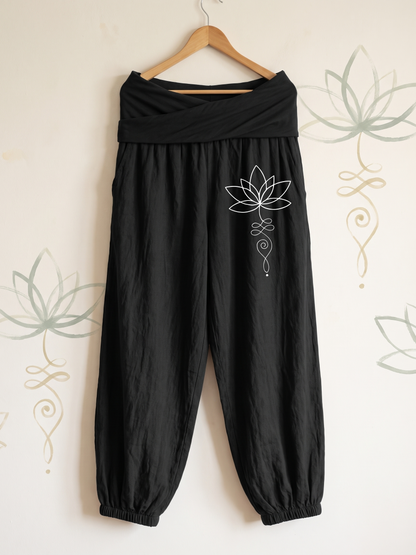Lotus Unalome Cotton Harem Pants — hanging view