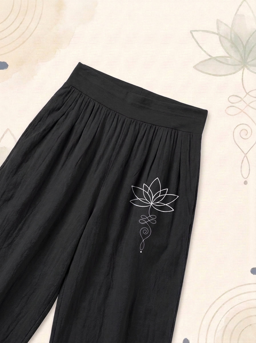 Lotus Unalome Cotton Harem Pants — waistband and pattern detail