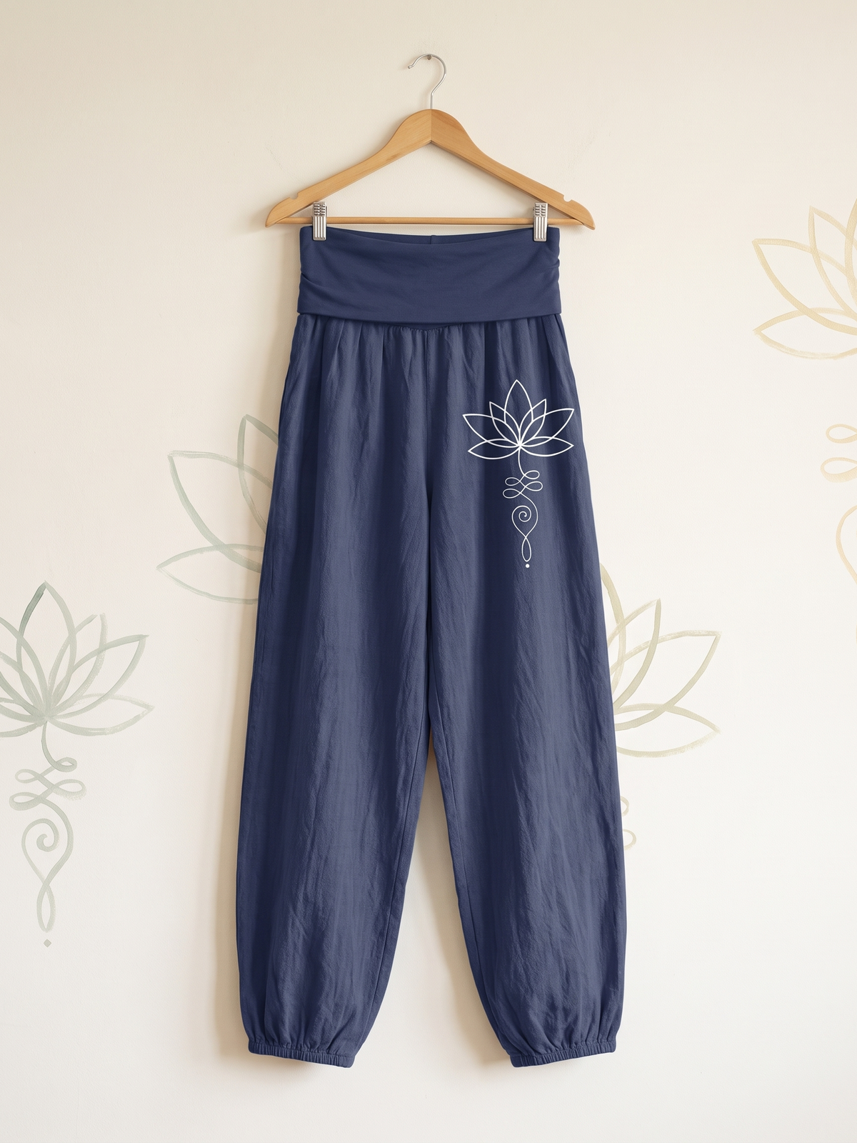 Lotus Unalome Cotton Harem Pants — hanging view