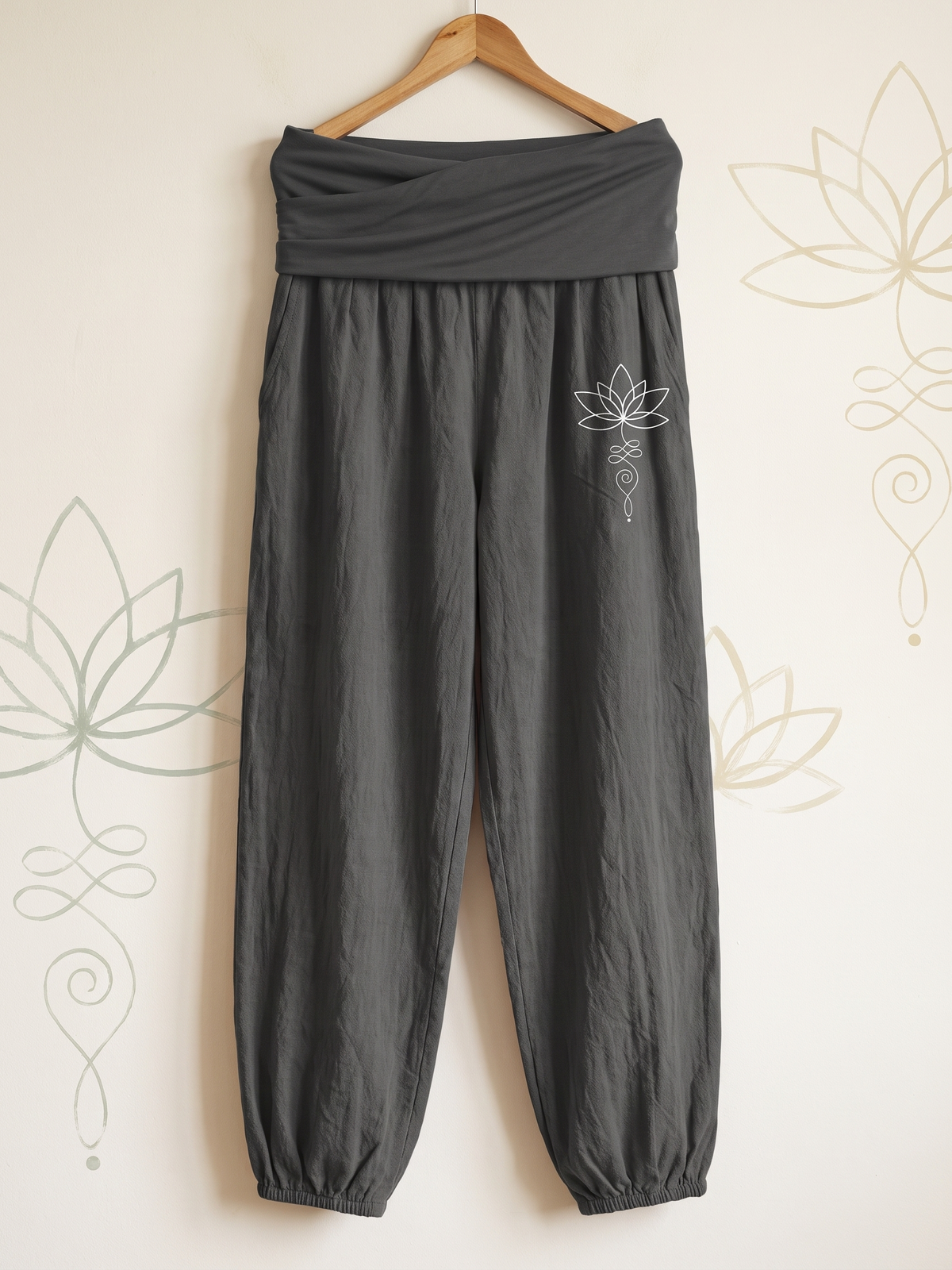 Lotus Unalome Cotton Harem Pants — hanging view